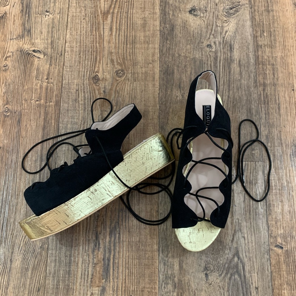 Eloquii Black/Gold Platform Lace Up Tie Ankle WIDE